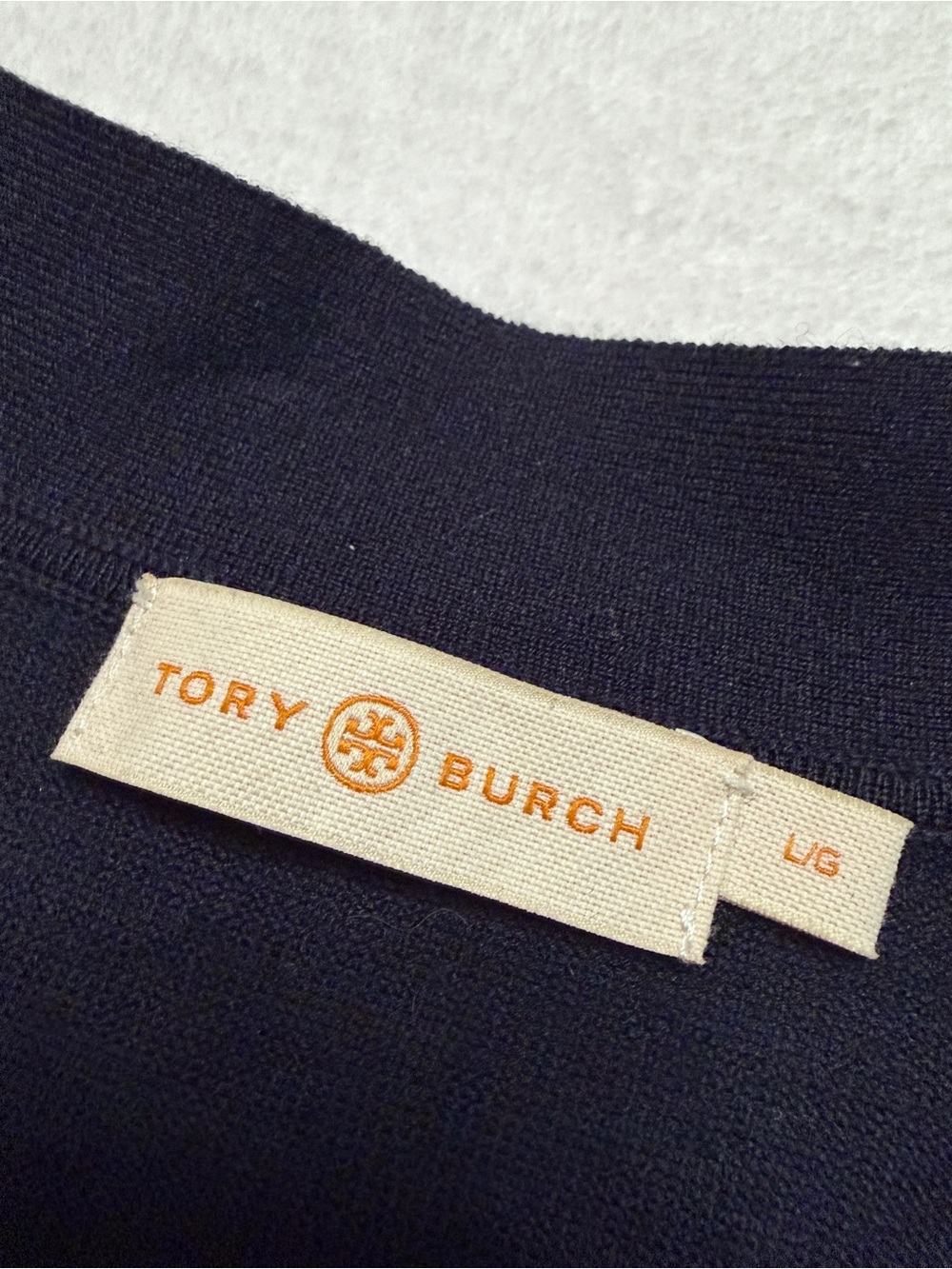 Tory Burch sz L Cardigan Sweater Merino Wool Gold Logo Buttons Dark Navy Blue - Picture 4 of 8